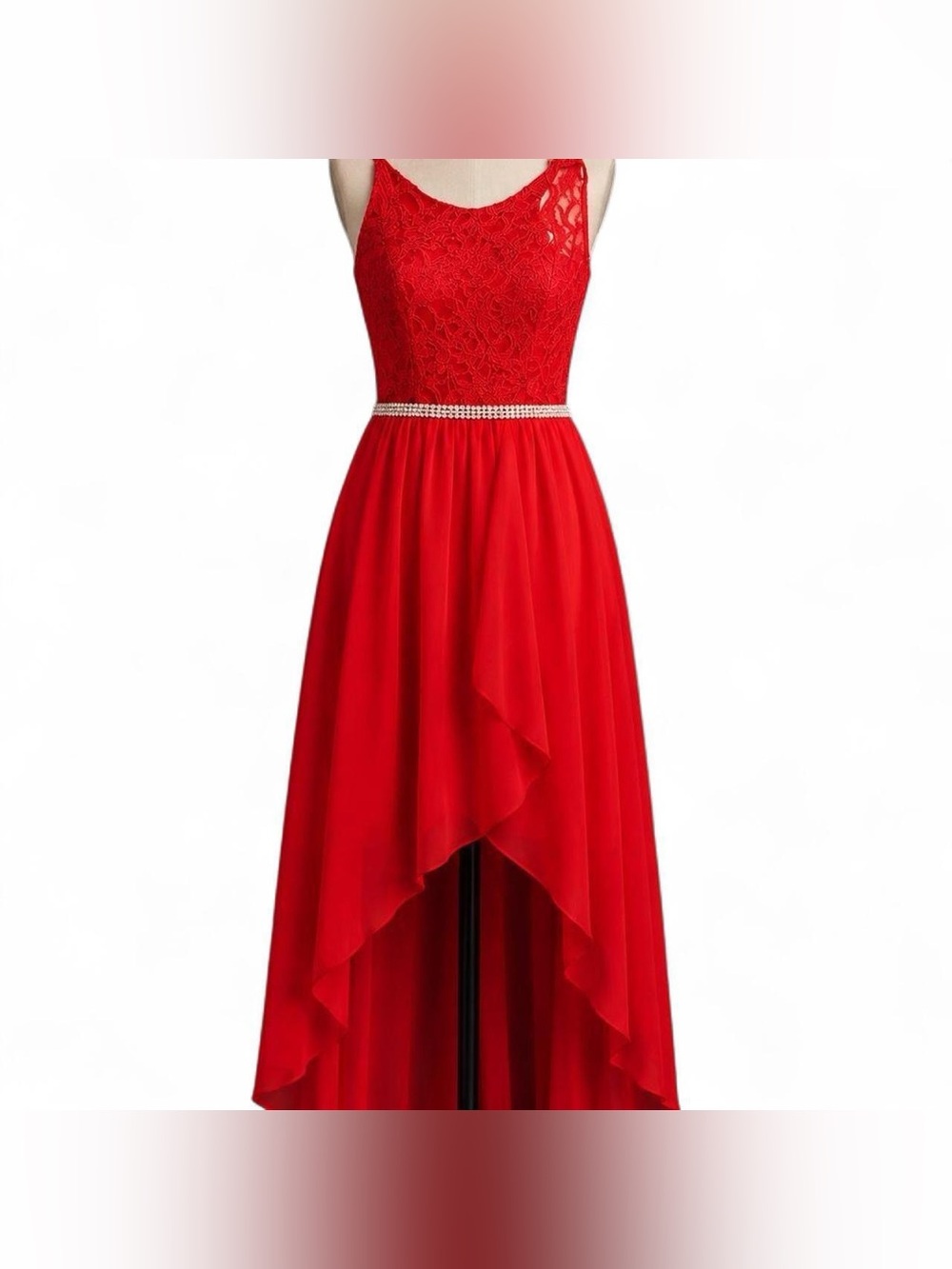 Macy's Red Lace High-Low Dress with Rhinestone Waist